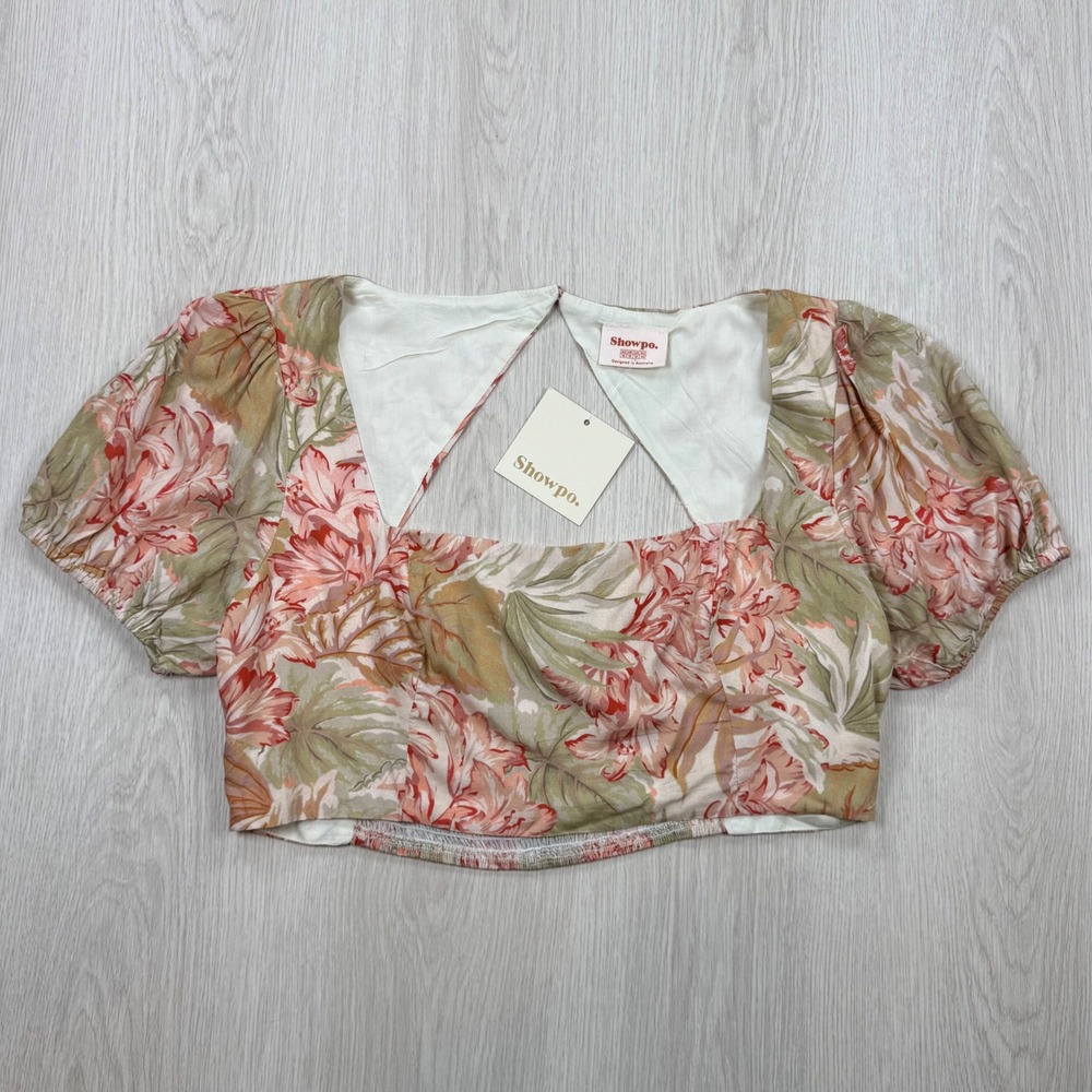 Crop Top Showpo Women 12 Pink Olympia Tropical Palm Print Puff Sleeve Open Back